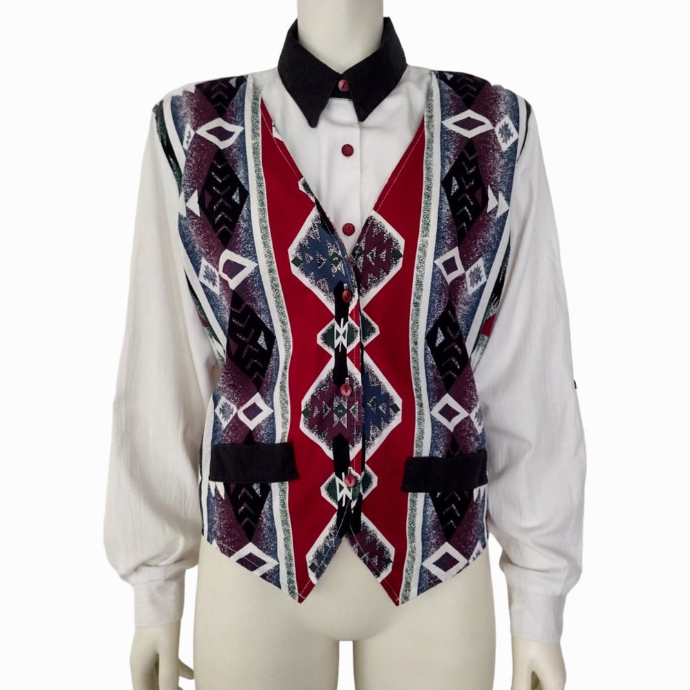 Vintage 1980s Tapestry Roll Tab Sleeve Button Down Faux Vest Shirt